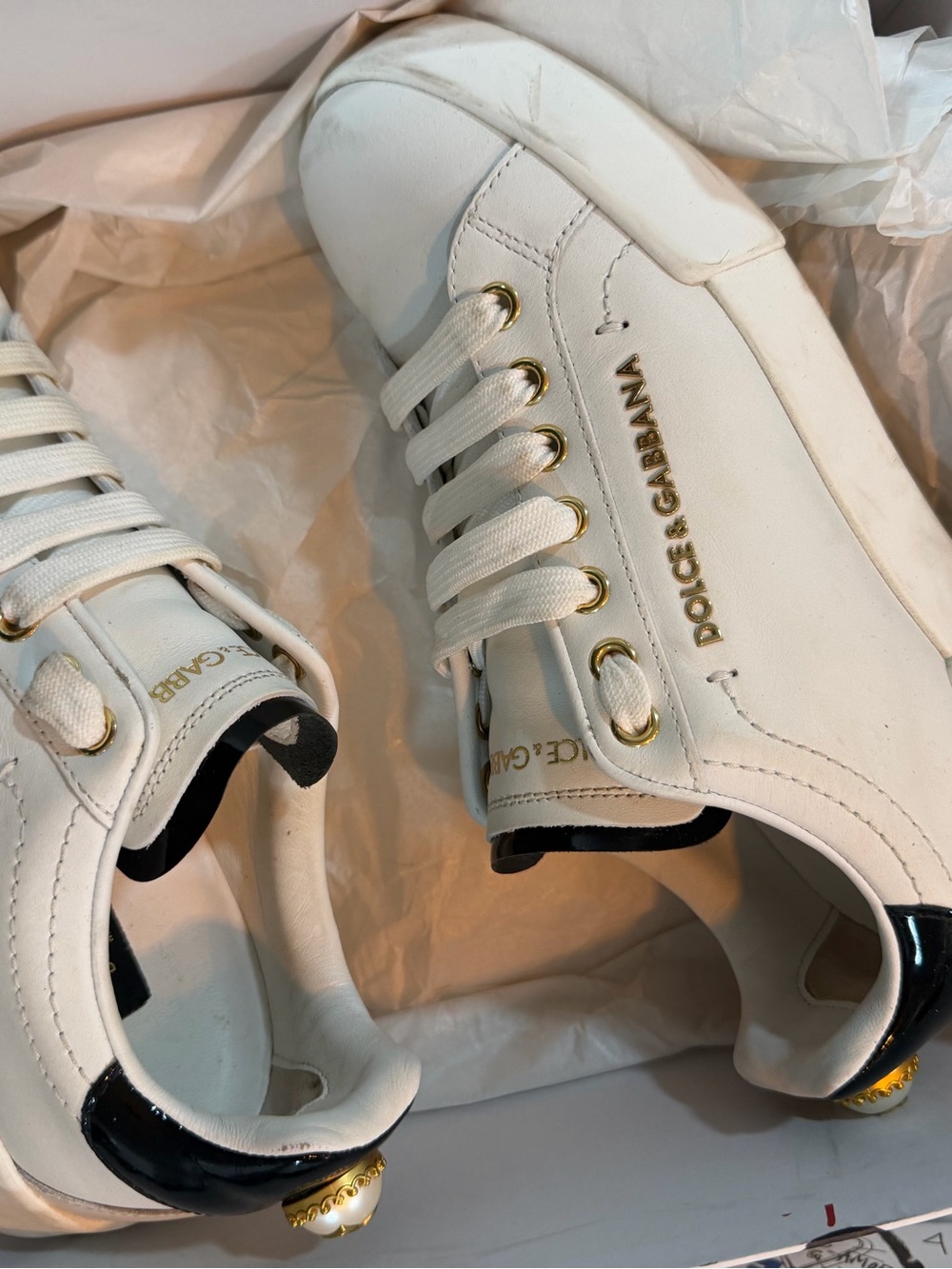 Dolce & Gabbana White Leather Sneakers with Black Heel Accent and Gold Hardware - Picture 2 of 7